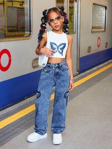 SHEIN 少女工装口袋阔腿宽松休闲牛仔裤 Y2K 水洗牛仔宽松牛仔裤 少女工装牛仔裤 秋冬 - 深色水洗藍 - 查看 6