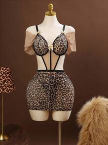 SHEIN 2件套印花网眼镂空钢圈性感睡衣+丁字裤女士 - 彩色 - 查看 7