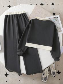 2件套青少年女孩休闲长袖上衣和宽松裤子套装 - 彩色 - 查看 2