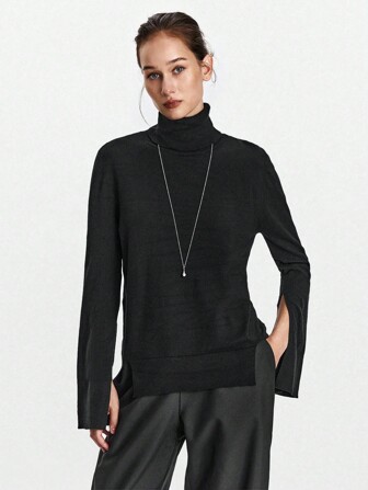 SHEIN X Jwoww Lumivelle 女士优雅时尚简约百搭高领下摆袖口开衩修身毛衣，秋冬