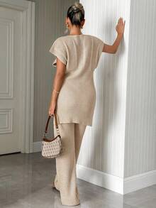 Textured Knit Sleeveless Sweater Belted And Pants Co-Ord Set Knit Two Piece Set Beige Two Piece Set Cream Two Piece Set Two Piece Set Women Comfy Two Piece Set Comfortable Two Piece Set - Beige - View 2