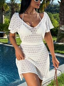 EURMUSE 纹理针织荷叶边 V 领罩衫，波西米亚风格