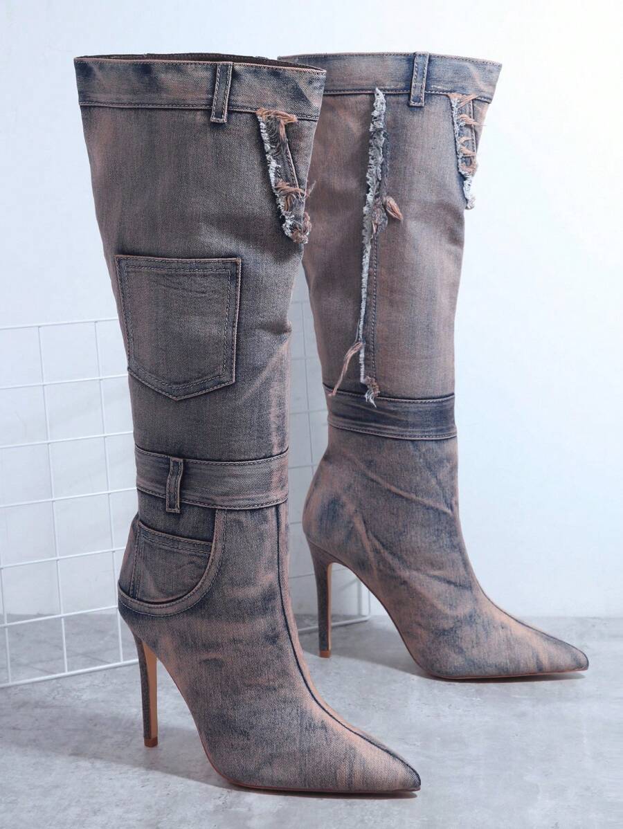 SHUZIA Ripped Stiletto Heel Boots - Grey - View 1