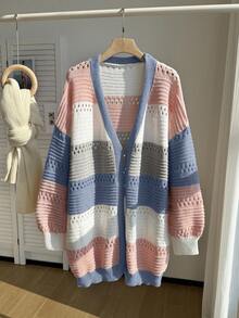 SHEIN EZwear 大码休闲拼色条纹镂空针织开衫，秋冬 - 彩色 - 查看 8