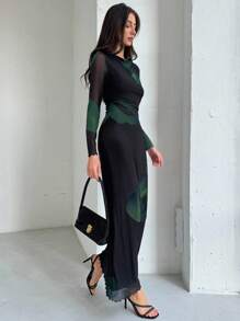 Aloruh Elegante vestido de cóctel con cuello de barco, manga larga, estampado de teñido anudado y malla, apto para otoño/invierno