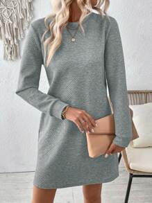 Váy dài tay màu trơn đơn giản thường ngày - Xám - Xem 5