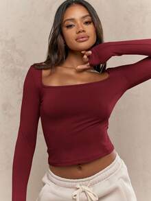 MISSGUIDED Square Neck Cropped Long Sleeve Top Casual Form Fitting Basic Essential Fall Winter Everyday Layering Loungewear Crop Shirt - Burgundy - View 3