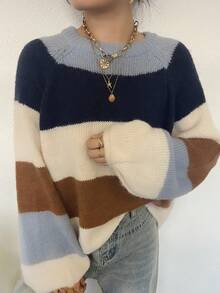 SHEIN Clasi 大码女装秋冬休闲度假时尚优雅多色条纹撞色拼接针织圆领套头衫 - 彩色 - 查看 4