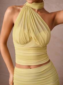 Lumalex Trang phục Thu Đông kín đáo, sang trọng, lấp lánh, dự tiệc, lễ hội, đi chơi, nghỉ dưỡng, phong cách Bohemian, BOHO, ngoài trời, nhiều lớp, mùa cưới, tiệc chiêu đãi, lễ trưởng thành. Bộ 2 món gồm váy lưới dáng suông cổ yếm và ôm sát eo thấp màu vàng dành cho nữ. Bộ hai mảnh màu vàng, bộ váy hai mảnh màu vàng bơ, sang trọng, dự tiệc prom, Giáng sinh và Năm mới. - Màu vàng - Xem 9