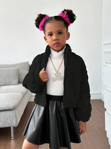 SHEIN 秋冬少女休闲舒适人造毛皮夹克 - 黑色 - 查看 5