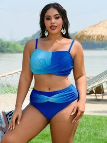 Slaydiva Conjunto de traje de baño de 2 piezas con estampado digital degradado sexy tipo bandeau para mujer de talla grande, ropa de playa y piscina de alta gama - Multicolor - Ver 3