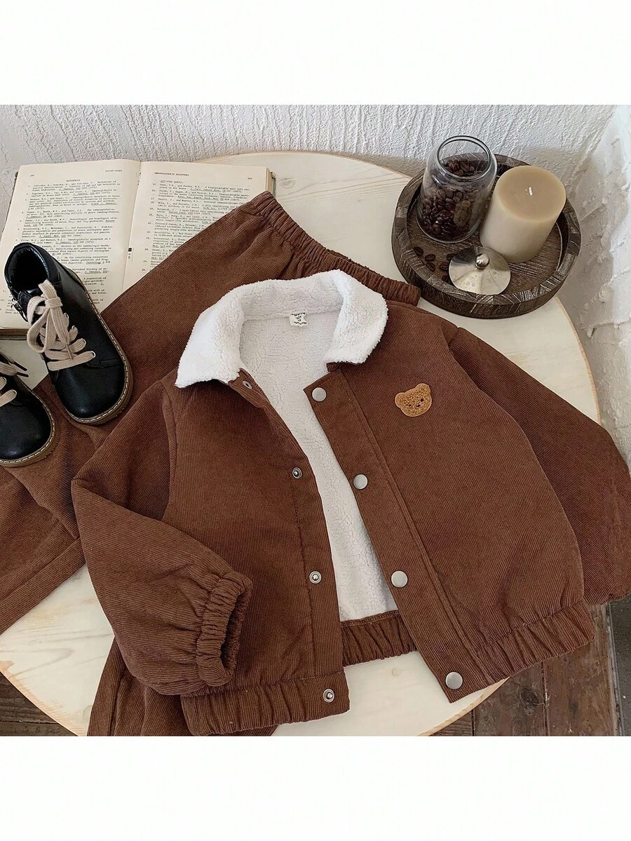 2件套男童梭织领休闲夹克和保暖内衬裤子套装 - 棕色 - 查看 1