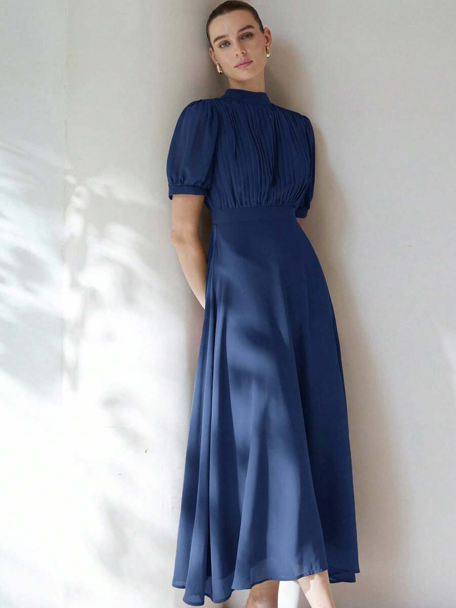 Aveloria Modichic 优雅女士雪纺连衣裙,褶皱胸部设计,公主袖,收腰喇叭裙,简约百搭,通勤适用,及膝长度 - 藏蓝色 - 查看 1