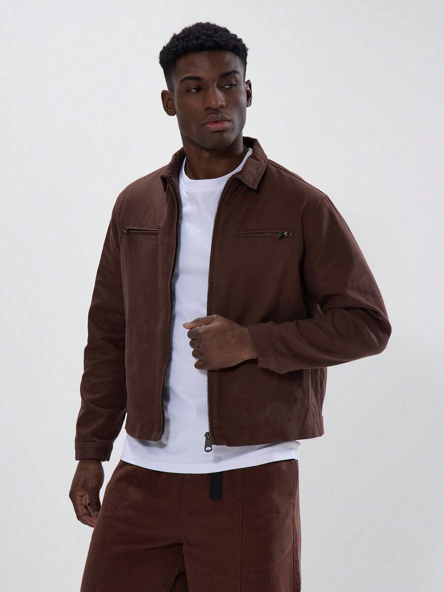 Musero Harrington Style Zip Through Denim Jacket Basic Style Set Jean Jacket Top Only Autumn Winter Essentials - Brown - View 1