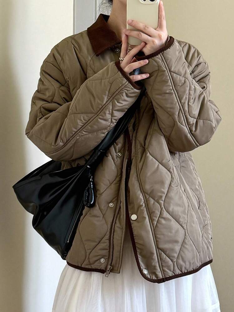 DAZY 女士宽松商务休闲通勤优雅简约纹理菱格纹棕色拼接时尚夹克，秋冬女装外套 - 卡其色 - 查看 8