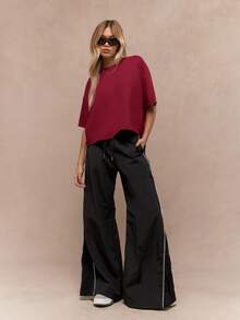 MISSGUIDED 超大码 T 恤短款上衣厚重短袖宽松宽松剪裁休闲夏秋季时尚个性单品基本款衣橱必备单品 - 酒紅色 - 查看 4