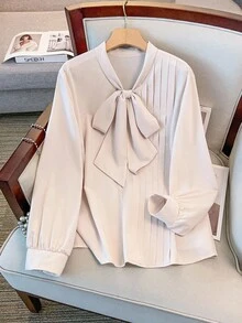 Regalyn New Plus Size Women's Elegant Business Elegant Bowknot Collar Solid Color Blouse Top, Versatile For Daily Wear, Minimalist Design With Fashionable Pleats, Slimming And Stylish Fall Cloth For Women