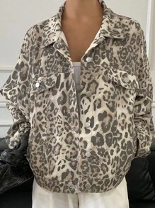 Livesso Autumn/Winter New Loose Casual Leopard Print Women Denim Jacket - Army Green - View 1