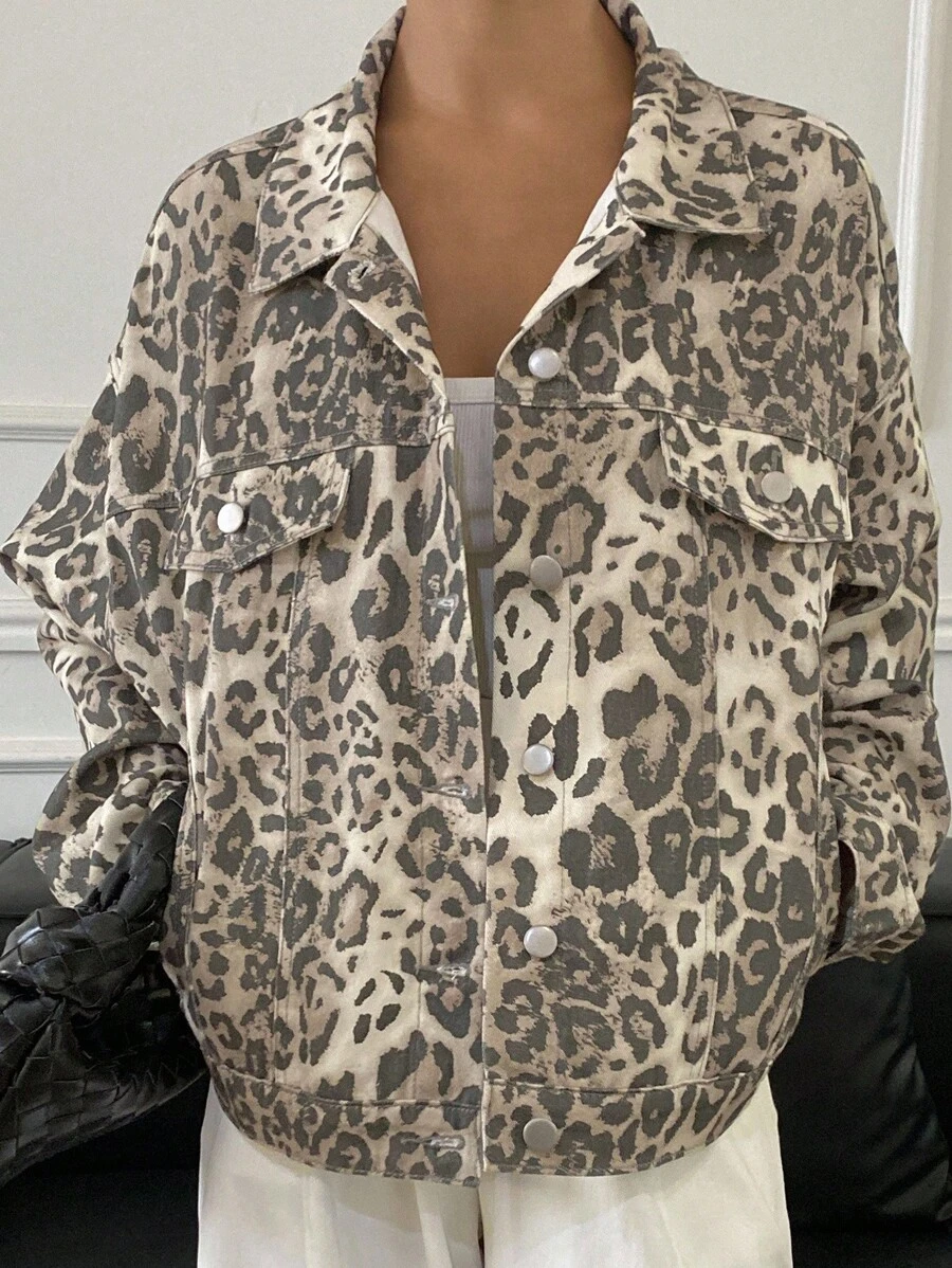 Livesso Autumn/Winter New Loose Casual Leopard Print Women Denim Jacket - Army Green - View 1