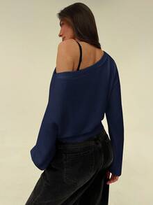 Aloruh Beige Oversized Floral Asymmetric Shoulder Romantic Loose Knit Sweater, Autumn/Winter,Fall - Navy Blue - View 2