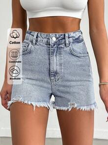 EURMUSE 100%Cotton Mini Heavy Destroy Short With Back Label Detail - Medium Wash - View 1