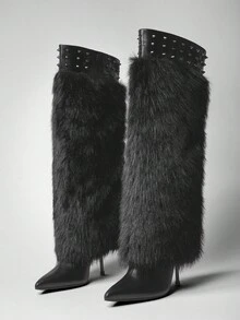 SHUZIA Giày bốt cao đến đầu gối mũi nhọn đế mỏng thời trang mùa đông ấm áp thoải mái cho nữ - màu đen - Xem 3