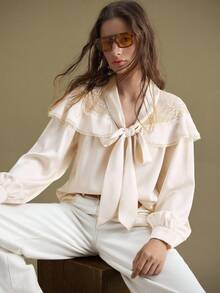 Ontre Women's Contrast Lace Ruffle Tie Collar Long Sleeve Elegant Blouse And Intellectual Female Wedding Guest And Beautiful French Slouchy High-End Sense Of Intelligence And Elegance Old Money Style Cruise Vacation Wear All-Season Modern Vacation Nomadic Casual Fashion All-Match Women's Country Concert Western Style Women's High-End, Elegant, Old-Fashioned Cruise - Apricot - View 1