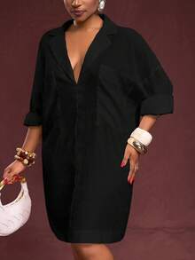 Slaydiva Vestido camisero de unicolor versátil y casual de talla grande - Negro - Ver 5