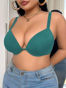 SHEIN 1pc Women Plus Size Simple Solid Color Underwire Bra, Lift - Green - View 4