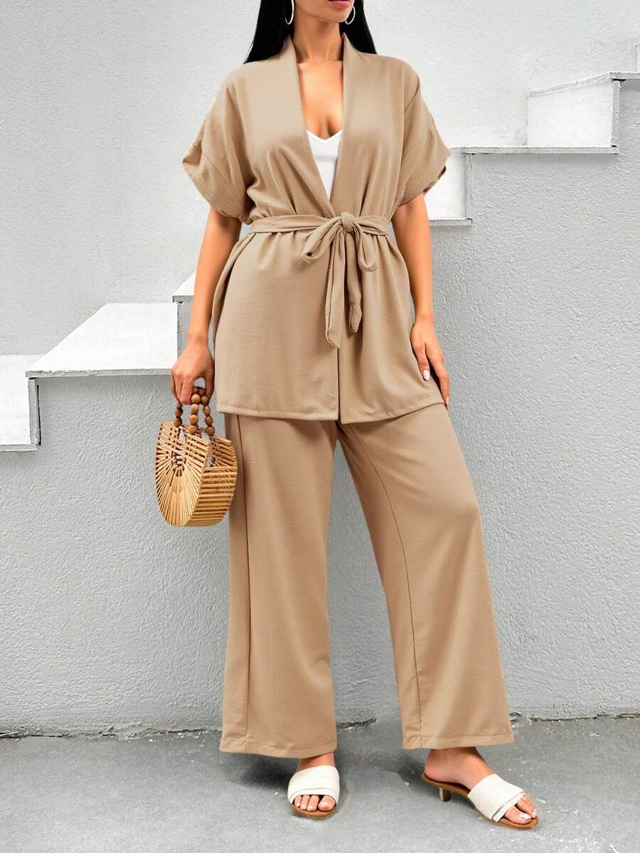 Vacation Casual Solid Color Batwing Sleeve Shirt And Pants Set - Beige - View 1