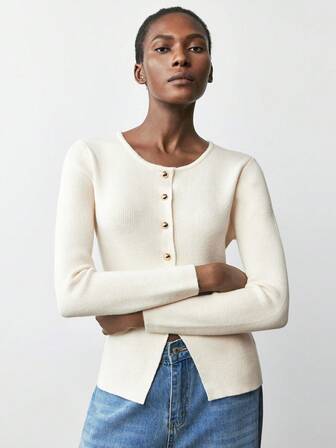 Maija Women's Solid Color Round Neck Long Sleeve Single-Breasted Casual Knitted Cardigan, Autumn Casual Blouses For Ladies,Cozy Fall And Winter Clothes For Women White Top White Top