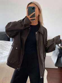 DAZY 女士宽松休闲加厚PU皮夹克，秋冬新款女式外套 - 咖啡棕 - 查看 5