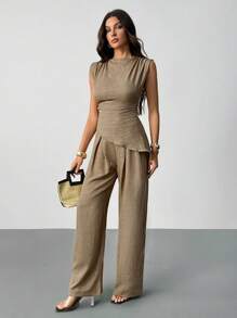 SHEIN Tall Khaki Minimalist Elegant Casual Commute Office Outfit: Sleeveless Asymmetric Ruched Waist Women's Blouse + Regular Ruched Wide Leg Women's Pants, Linen Commute Suit, Beach Outfits For Women, Airport Outfit, Vacation Outfits, Teacher Outfit,Elegant Women's Set,Brown ,Casual And Simple - Khaki - View 8