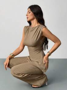 SHEIN Tall Khaki Minimalist Elegant Casual Commute Office Outfit: Sleeveless Asymmetric Ruched Waist Women's Blouse + Regular Ruched Wide Leg Women's Pants, Linen Commute Suit, Beach Outfits For Women, Airport Outfit, Vacation Outfits, Teacher Outfit,Elegant Women's Set,Brown ,Casual And Simple - Khaki - View 1