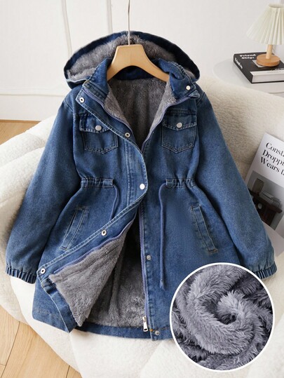 SHEIN Chaqueta vaquera con capucha informal para niñas preadolescentes, con cintura con cordón, bolsillos en ángulo, puños elásticos, adecuada para la escuela, las compras, caminar, viajar, se puede combinar con suéteres de manga larga, pantalones de chándal, pantalones