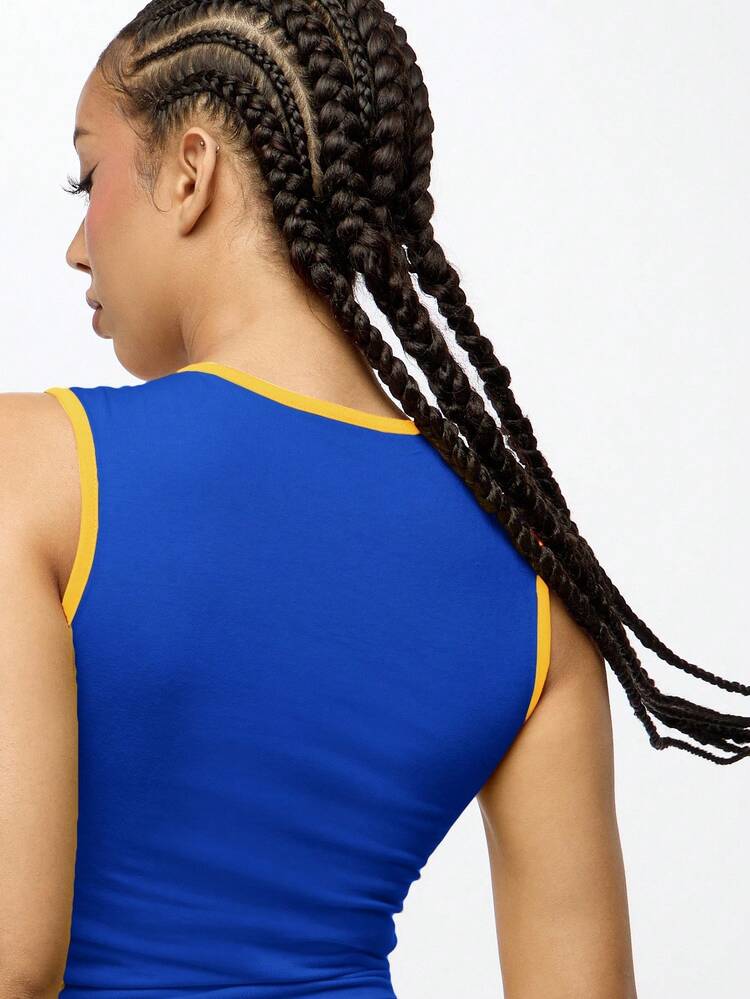 SUMWON WOMEN Blue Crop Tank Top With Gold Gothic Text