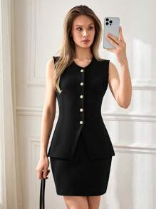 SHEIN Tall Women's Brown Elegant Rib-Knit Two Pieces Sets - Black - View 6