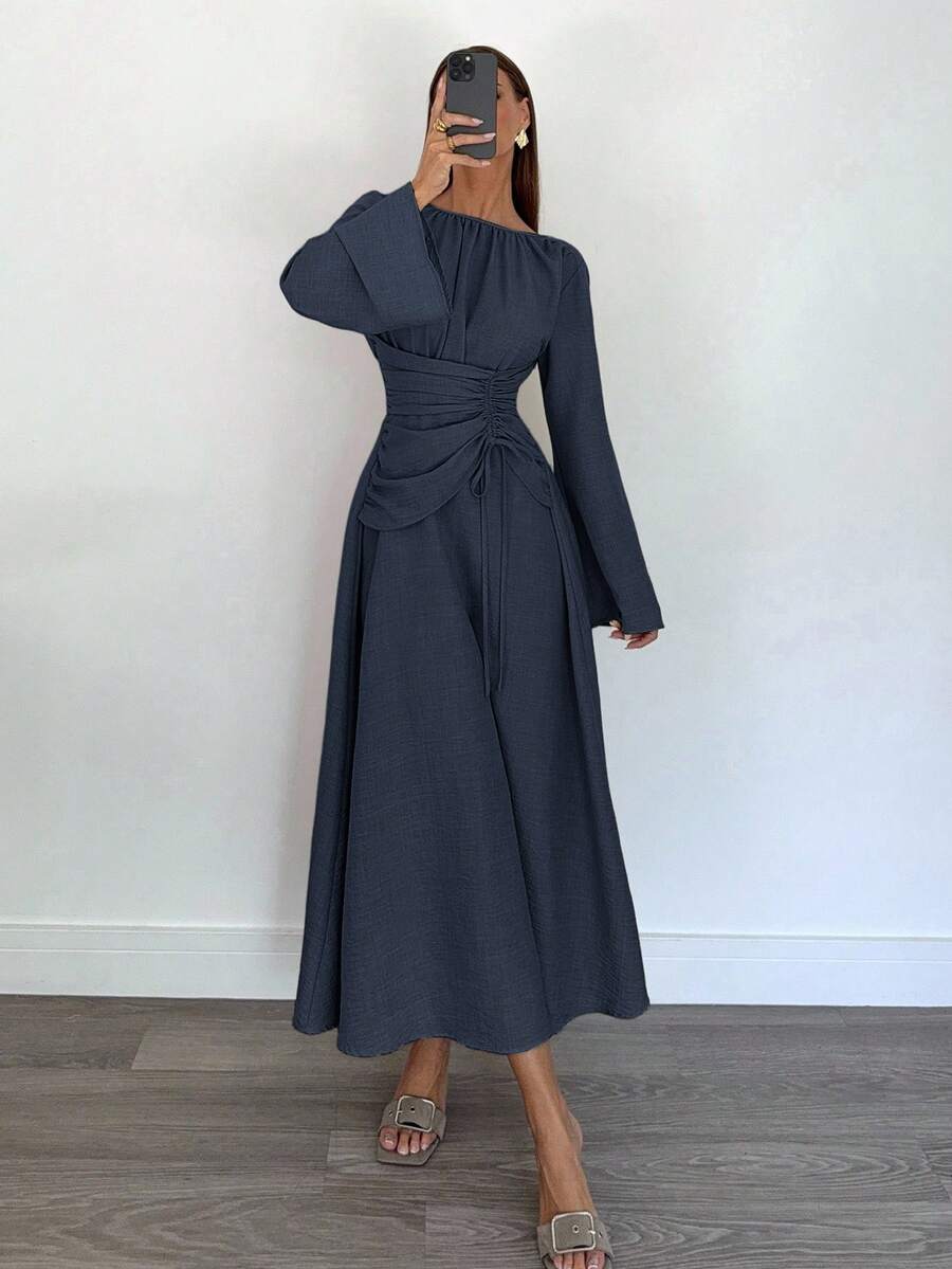 Siren Gaze Women's Brown Round Neck Bell Sleeve Waist Tie Elegant Dress, Back To School Outfit, Country Concert Outfit, Business Casual Women's Outfit, Women's Teacher Outfit, Women's Date Night Outfit, Birthday Outfit, Women's Brunch Outfit, Western Outfit, Business Casual Women's Outfit Siren Gaze New Women's Fashion Striped Ruched Waist Dress Brown Dress Winter Party Chic Evening Dress Blue - Blue - View 1