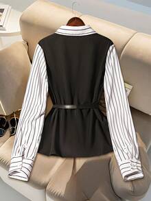 Franclia Camicia elegante da donna a righe a maniche lunghe 2 in 1