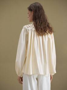 Ontre 2025 New Women's Hollow Embroidery Patchwork Button Lantern Sleeve Loose Fit Casual Office Elegant Teacher's Day Blouse, Suitable For Autumn/Winter