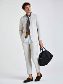 Marvello Homme 男士纯色翻领长袖西装外套和裤子休闲套装 - 米色 - 查看 4