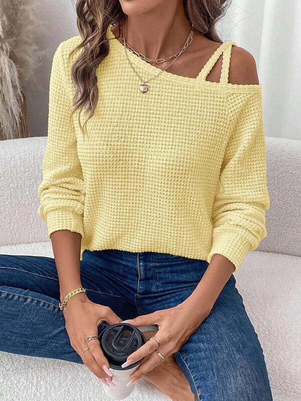 SHEIN LUNE Camiseta de manga larga casual de textura de gofre con hombros oblicuos y manga farol para mujer, suéter de hombros caídos de punto de otoño/invierno en color amarillo, suéteres de punto lindos para mujer, top de punto de gofre