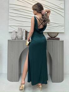 Jemour Ruched Split Thigh Draped Crisscross Back Satin Bridesmaid Dress, Elegant Cocktail Semi Formal Prom Wedding Guest Dress, For Birthday, Graduation, Dinner, Homecoming Party Dress