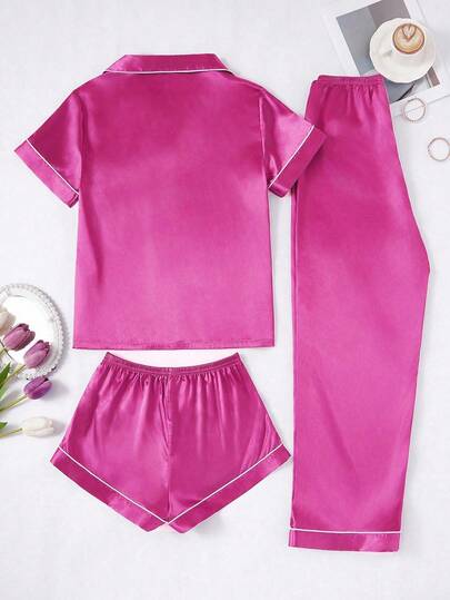 LuxeNights Contrasting Faux Zijden Lapel Sleepwear Set view 2