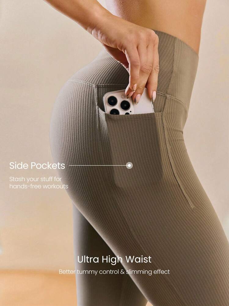 Legginsy FeatherFit™ z prążkowanymi nogawkami i ultrawysokim stanem, bez szwów z przodu, 31 cali, z kieszeniami bocznymi, do jogi i pilatesu o niskim wpływie, codzienne, codzienne ubranie