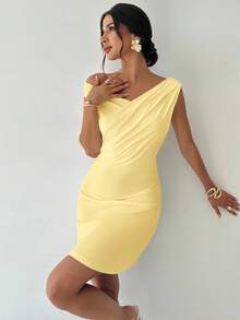 Firerie 女士优雅简约时尚性感日常通勤音乐节度假不对称领口垂坠白色 A 字迷你连衣裙，春夏 - 黃色 - 查看 7