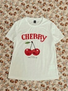 SHEIN EZwear 休閒櫻桃印花修身白色圓領短袖女T恤，適合夏季穿著