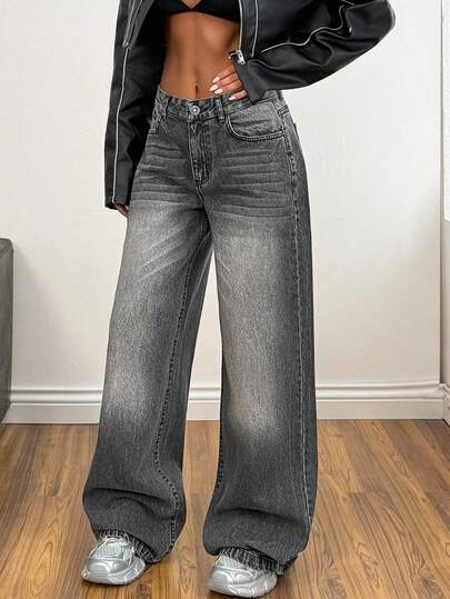 EURMUSE Low Waist Wash Detailed Wideleg Jean Baggy Jeans Y2k Womens Baggy Jeans Loose Jeans Wide Leg Jeans