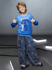 Transformers X SHEIN 青少年男孩休闲日常街头机器人与字母印花套头衫，春秋季 - 藍色 - 查看 5