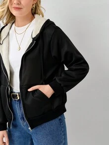 Miaspire Women's Casual Loose Fit Black Knitted Hooded Fleece Sweatshirt, Winter,Long Sleeve Tops - Black - View 3